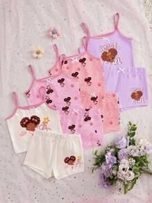 8件套女童少女时尚可爱印花吊带背心文胸和三角裤内衣套装 - 彩色 - 查看 1