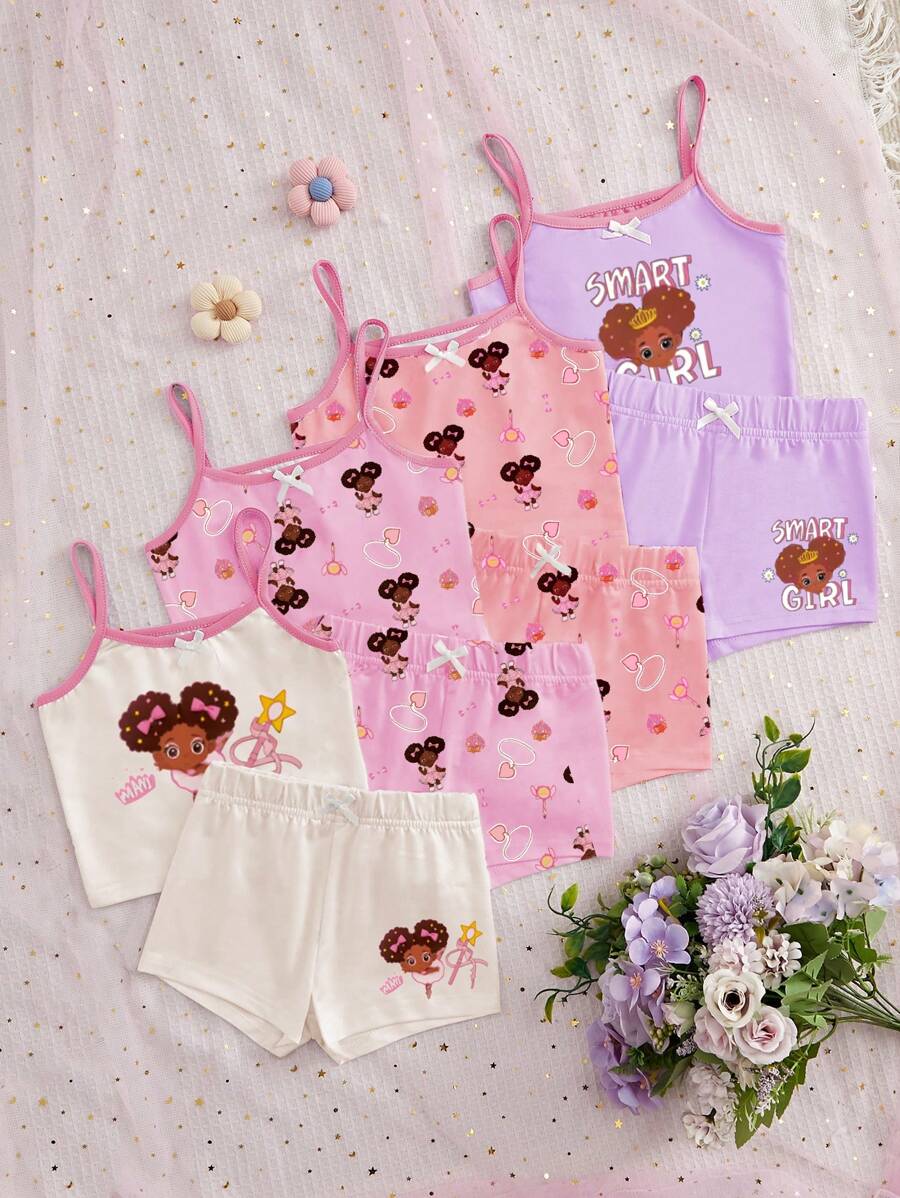 8件套女童少女时尚可爱印花吊带背心文胸和三角裤内衣套装 - 彩色 - 查看 1