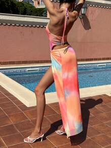 Aloruh Jeune robe moulante fendue à dos nu et effet tie-dye pour femme, avec motif en filet, convenant pour les vacances, le printemps et l'été