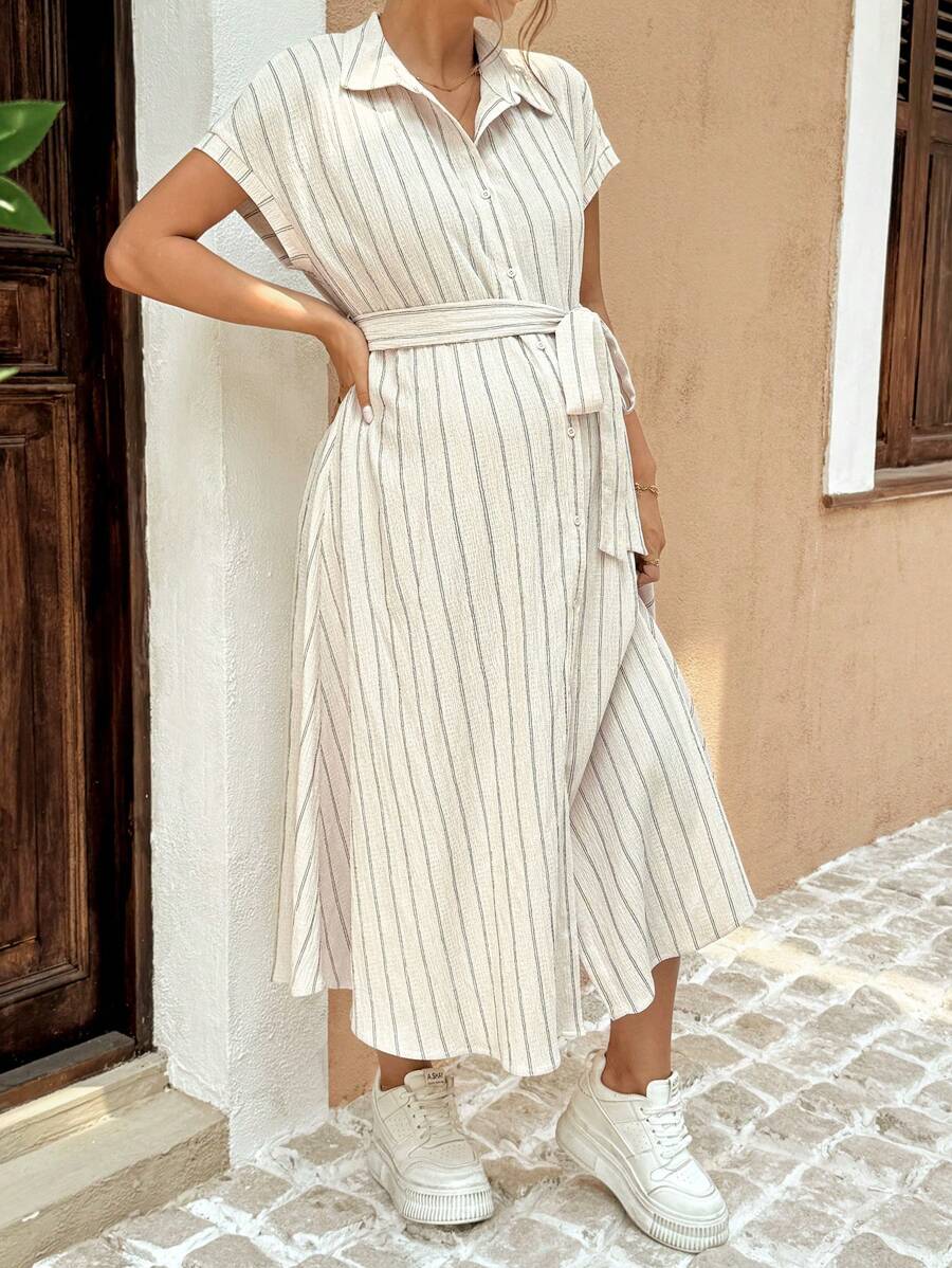 SHEIN 孕妇夏季条纹蝙蝠袖休闲衬衫裙