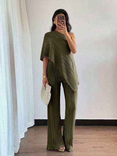 Elenzga Summer Fashion Solid Color One Shoulder Top And Pants Set