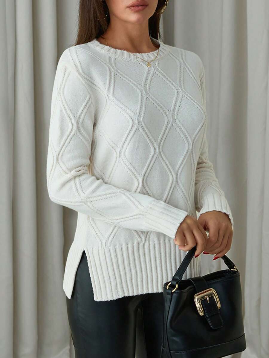 EURMUSE Women Solid Round Neck Split Hem Knit Sweater,Jumper,Cream Jumper,Jumpers,Black Jumper,Womens Jumper,White Jumper,Women's Jumper,Women's Jumpers,Winter Clothes - Cream - View 1