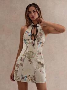 Glamine 女式夏季新款中式复古提花性感镂空领修身迷你连衣裙，女士夏季连衣裙，度假装女士，女士太阳裙，夏季迷你连衣裙，碎花迷你连衣裙，亚洲风格迷你连衣裙，短款夏季连衣裙 - 杏色 - 查看 5