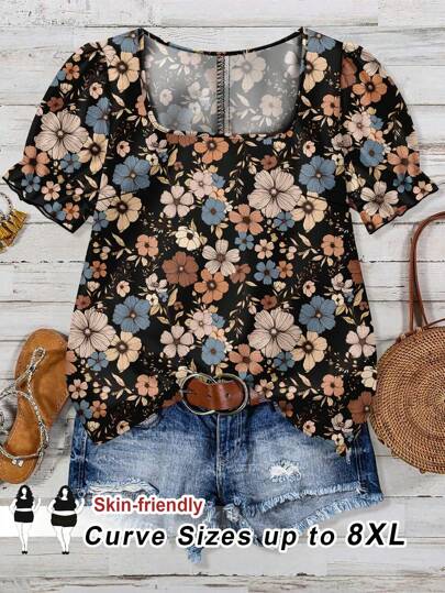 SHEIN CURVE+ Plus Size Women Summer Casual Loose Floral Print Short Sleeve Shirt For Holiday