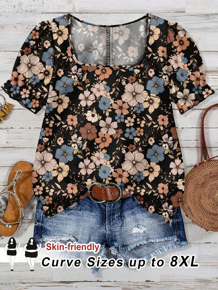 SHEIN CURVE+ Plus Size Women Summer Casual Loose Floral Print Short Sleeve Shirt For Holiday - White - View 1