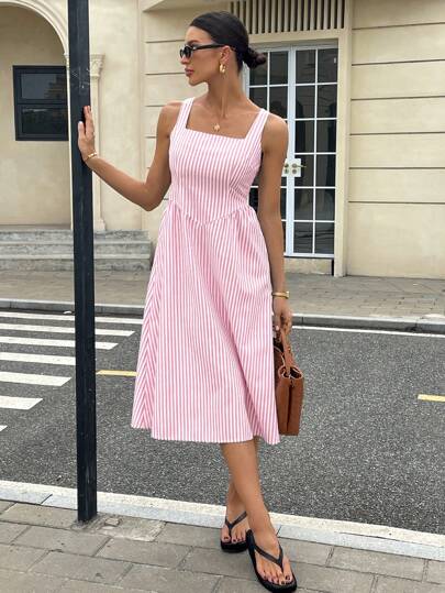 Siren Gaze Women's Casual Striped Sleeveless Mid-Length Dress, Summer Thanks Giving Pink Vacation Holiday Resort
