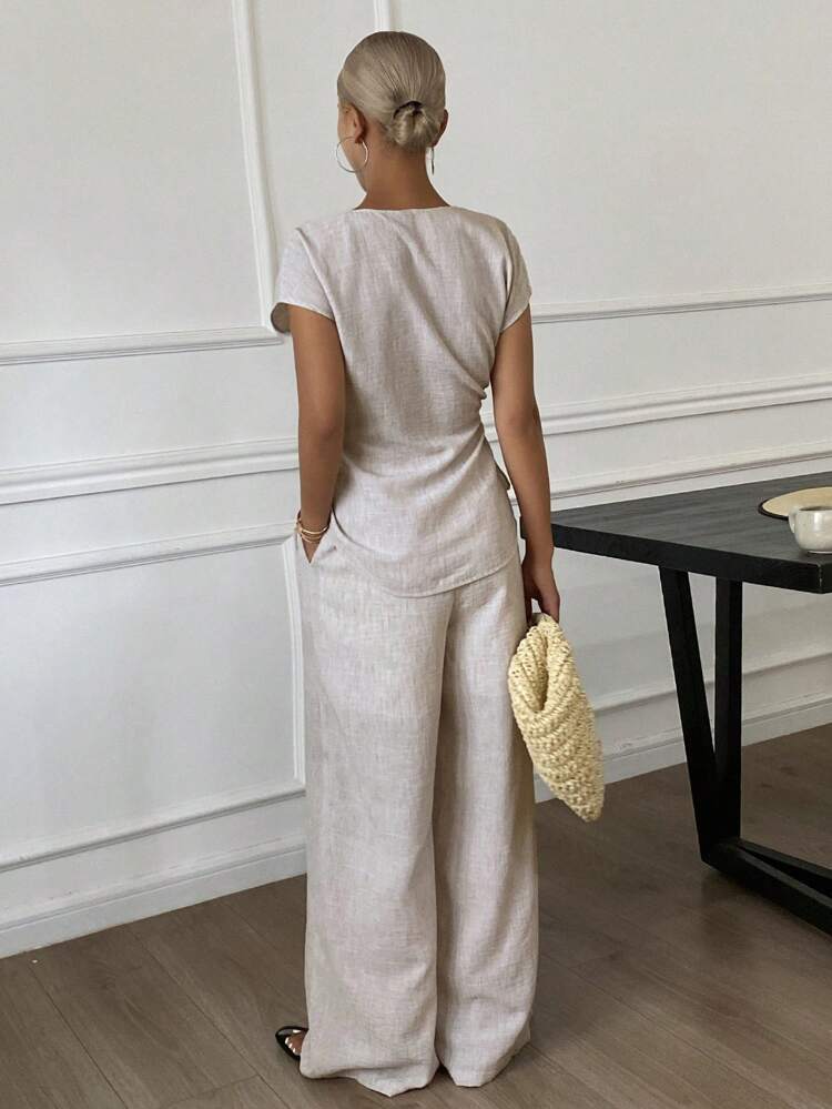 2pcs/Set Women's Vacation Casual Tie-Up Wrap Shirt And Pants