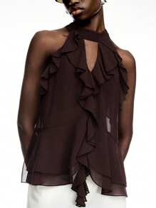 LYSMO Top halter elegante de unicolor con volantes para mujer