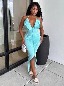 Alexandranx Vestido acanalado de corte ajustado con escote de halter, unicolor de estilo minimalista, apropiado para el verano