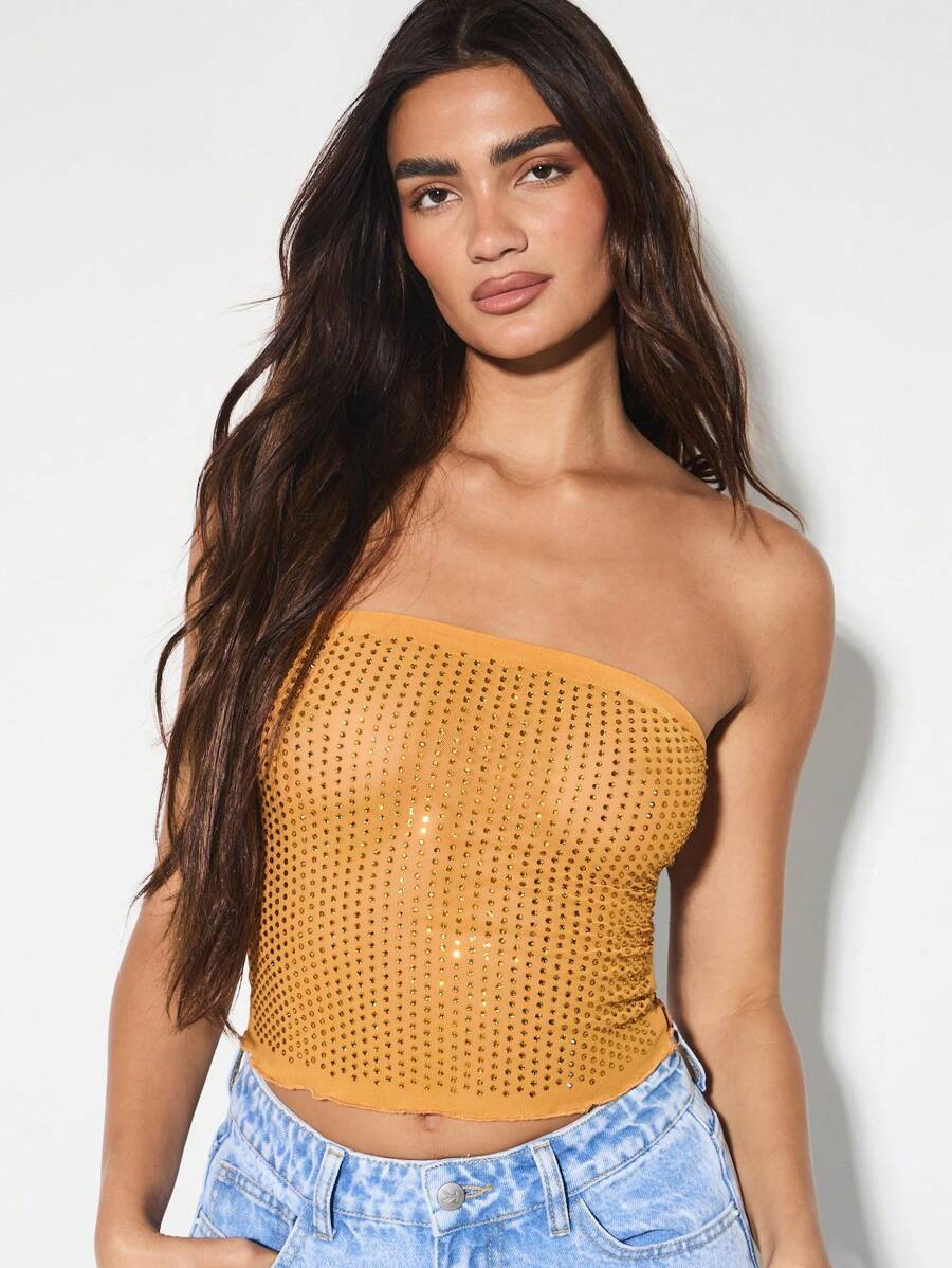 KIZN 水晶装饰露肩抹胸派对节日夏季网眼抹胸紧身胸衣晚间俱乐部装水钻华丽闪耀 - 橘色 - 查看 1