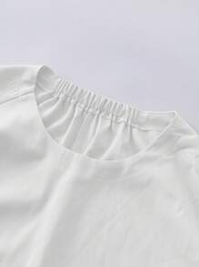 Áo sơ mi rộng rãi, đơn giản, tay ngắn, cổ tròn, màu trơn cỡ lớn, áo cánh - trắng - Xem 6