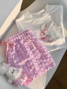 Comfortcana Summer Casual Rabbit Print T-Shirt & Plaid Shorts Set - Pink - View 4