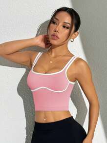 Easithlete Áo croptop thể thao nữ viền ren, kiểu dáng thường ngày. - Hồng - Xem 8