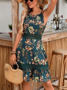 Breezaya Women's Lace-Trim Floral Print Backless Halter Vacation Dress, Summer