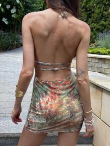 Aloruh Young Lady's Deep V-Neck 3D Floral Multicolor Mini Mesh Backless Summer Holiday Dress - Multicolor - View 2