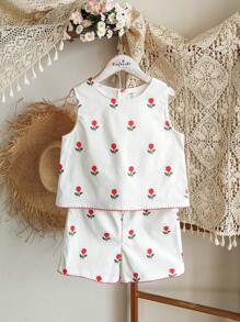 SHEIN Conjunto de pantalón corto y top corto sin mangas con estampado floral, conjunto de verano liviano para niñas