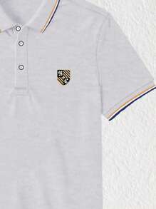 Men's Striped Shield Logo Print Short Sleeve Polo Shirt, Summer - Grey - View 3