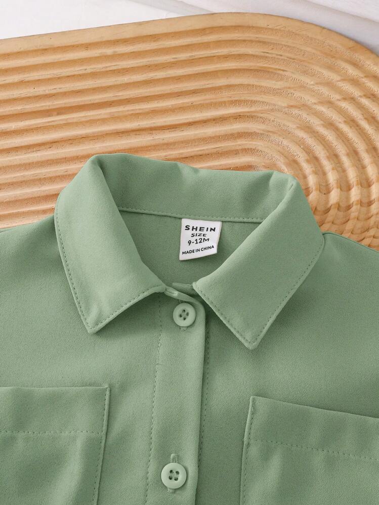 SHEIN LMoss Kids 可爱女婴百搭白色短袖衬衫，夏季 - 綠色 - 查看 6