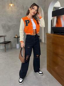 SHEIN EZwear Letter Patched Colour Block Crop Varsity Jacket - Orange - View 6