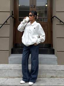 Muchica Fall Women Clothes Stockholm Style Airport For Women Casual Drop Shoulder Zip Up Linen Jacket Women - White - View 3