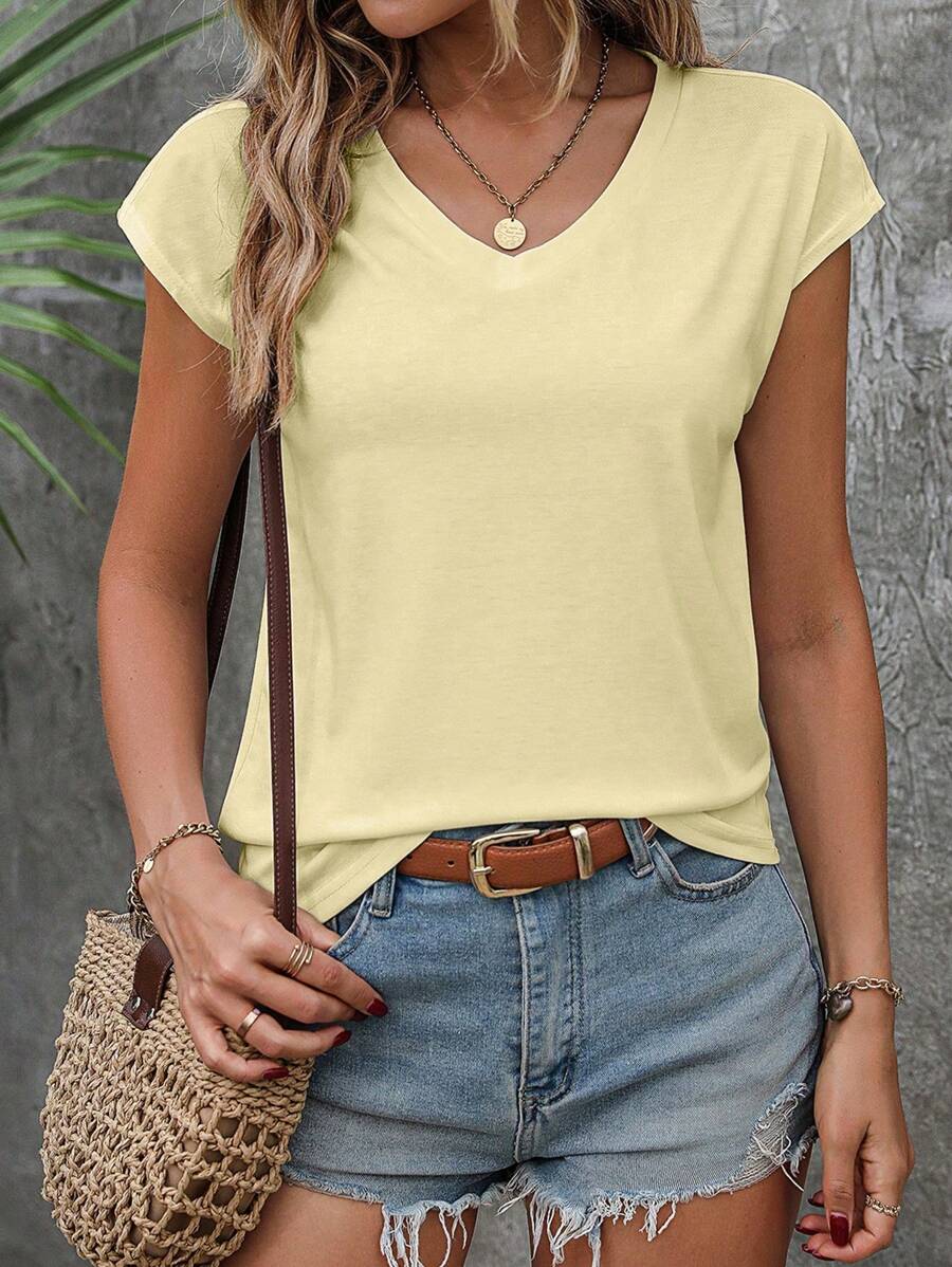 SHEIN LUNE maglietta estiva casual e versatile, di colore unito - Albicocca - Visualizzare 1