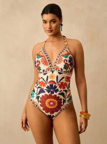 Travachic Plus Size Bohemian Style Tropical Beach Colorful Floral Print V-Neck Backless One-Piece Swimsuit For Women, Summer