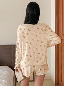 DAZY 3pcs/Set Women Bear Pattern Allover Print Camisole Top & Open Front Top & Shorts Pajama Set, Fall Winter Clothes - Apricot - View 2