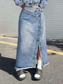 SHEIN ICON Plus Size Women Vintage Washed Casual Waistband Ruffle Slit Denim Mini Skirt