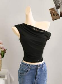 SHEIN Unity Women's Black Lace Insert Ruffle Shoulder Blouse Clothes For University - Black - View 1