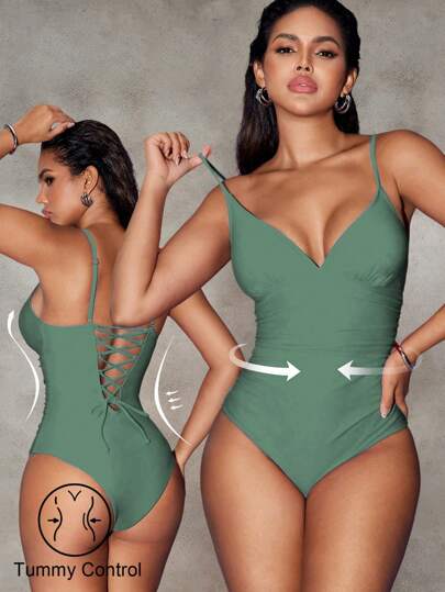 Shapewave 1pc Red Shapewear Back Lacing Front Ruched Wireless Bikini Swimsuit For Mature Sexy Women For Summer Beach Vacation