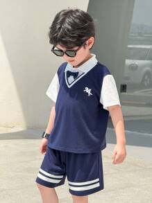 SHEIN 2pcs Young Boys Casual Sports Loose Fit V-Neck T-Shirt And Shorts Set, Comfortable Daily, Sports, Gathering Outfit, Suitable For Spring & Summer - Royal Blue - View 4