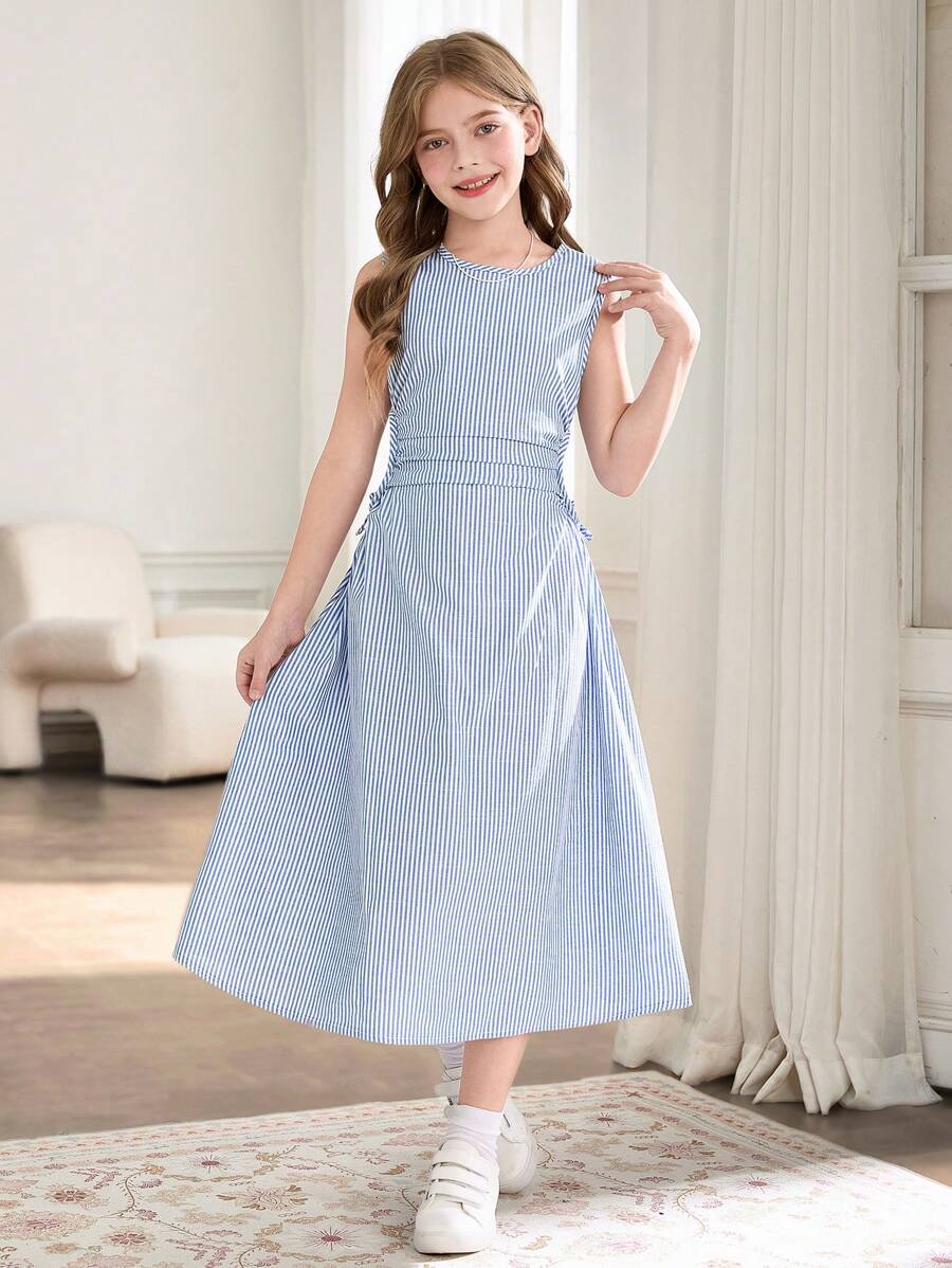 SHEIN 青少年女孩条纹抽绳腰无袖休闲夏装 - 藍色 - 查看 1