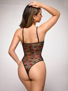 Body estilo hueso de pez sexy, sujetador de malla transparente encantador con parches - Negro - Ver 3