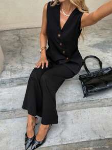 Siren Gaze Conjunto de traje de negocios casuales para mujer, atuendo de oficina, atuendo familiar, conjunto de traje de negocios casuales para mujer, atuendo de oficina para mujer, conjunto de traje cruzado de solapa única sin mangas para mujer, traje de oficina para ir y venir en otoño/invierno