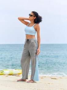 In My Nature 女士抽绳腰部撞色阔腿宽松户外裤 - 灰色 - 查看 6