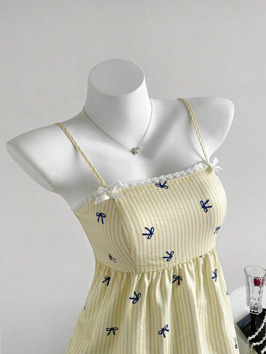 Chiquease 2 Stücke/Set Damen Lässig gelb Schleifenmuster Trägertop und lose Shorts, Sommer - Gelb - Übersicht 1