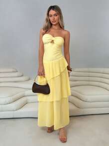 Roylia Vestido largo con volantes asimétricos y vuelta en el busto, estilo de moda resort para primavera/verano - Amarillo - Ver 3