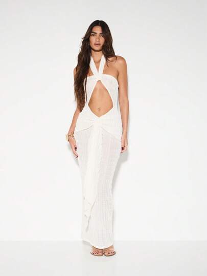 KIZN Halter Neck Cut Out Maxi Beach Wedding Guest Dress Textured Ruched  Front Floor Length Resort Special Occasion Summer Backless Evening Gown MISSGUIDED