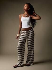 MISSGUIDED 钩针针织阔腿裤 阔腿裤 波西米亚风沙滩度假装 抽绳休闲裤 条纹度假针织衫