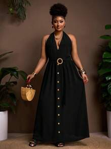 Veslaya 2025 春夏新款时尚休闲度假、日常外出、优雅通勤性感黑色纯色宽松无袖深 V 领露背系带前腰带圆扣装饰编织纹理面料女式大码长裙 - 黑色 - 查看 2