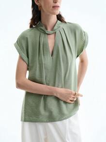 Aalyst Elegant & Minimalist Mint Green Folded Sleeve Blouse Shirt, Twist Neckline Open Window Design, Loose Casual & Commute Wear