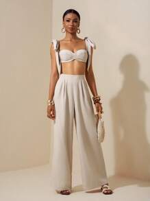 Zivah Beach New Spring And Summer Casual Holiday Bowknot Shoulder Straps Chest-Wrapped Heart Collar Cropped Top + Wide-Leg Super Trousers Apricot Women's Two Pieces Se,Textured Fabric Material - Apricot - View 7