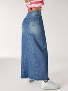 SHEIN EZwear 休闲长款水洗牛仔毛边裙 - 藍色 - 查看 2