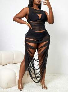 Slaydiva Robe de cache-maillot sexy de couleur unie à col rond et sans manches, avec découpes, pour femmes grande taille