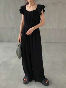 FRIFUL 女士纯色荷叶边短袖宽松阔腿连体裤，休闲短袖夏季露背连体裤，黑色连体裤，黑色透视上衣系带露背连体裤，黑色露背上衣 - 黑色 - 查看 6