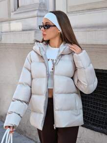 SHEIN Tall 女士简约连帽羽绒大衣，采用时尚拉链开合和收腰设计 - 雪天版、休闲版、日常穿着 - 杏色 - 查看 1