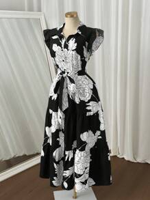 Sweetra Vestido elegante de talla grande con estampado floral, cuello digital abierto, patchwork en línea A y cinturón de moño - Negro - Ver 2