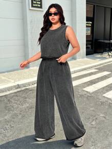 SHEIN EZwear 加大码夏季水洗运动背心和黑色运动裤两件套 - 黑色 - 查看 4