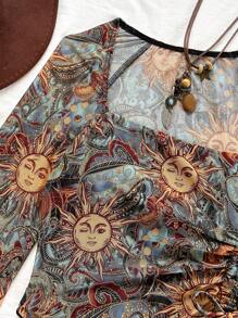 Soleia Blusa larga de manga abullonada con estampado floral bohemio, cordón y bajo asimétrico, adecuada para fiesta, cita, festival de música, té de la tarde, como interior o exterior