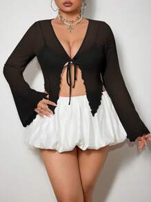 SHEIN ICON Icon Plus Size 纯色系带前开襟荷叶边网纱 Y2k 上衣，白色，度假，夜店性感 - 黑色 - 查看 4